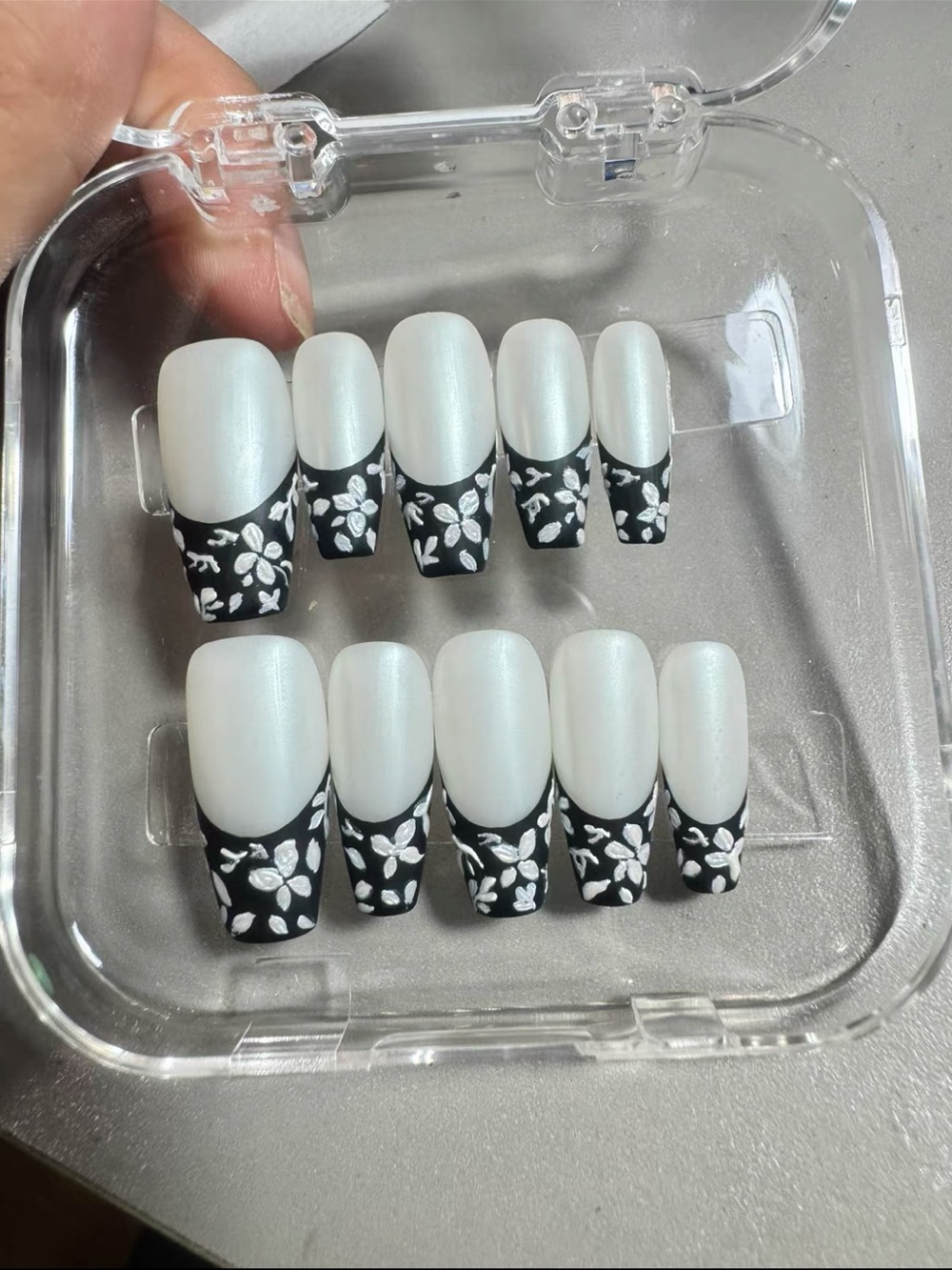 Hand made White & Black 3D Floral French Tip Press-On Nails